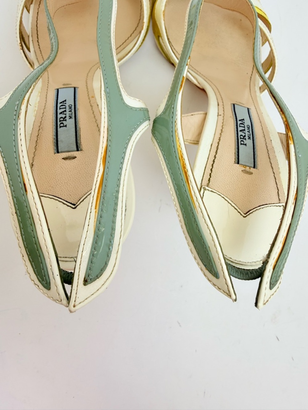 Prada 2012 Hot Rod Flame Patent Cutout Slingback Heels 38 Ivory Yellow Sage - Picture 8 of 13